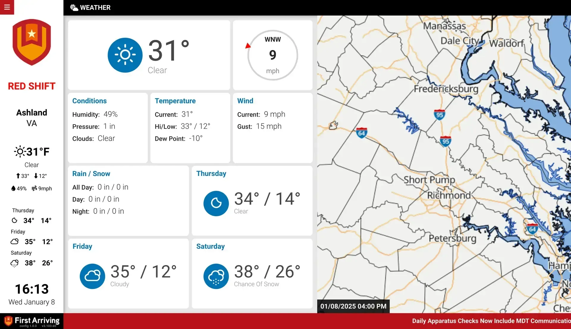 Real-time weather panel on a fire station dashboard with active severe-weather warnings