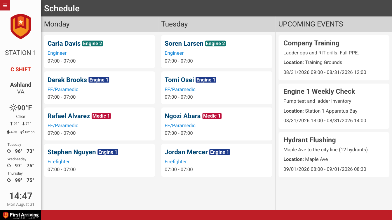 Staffing schedule on a fire station dashboard by station, shift, and unit for today and tomorrow