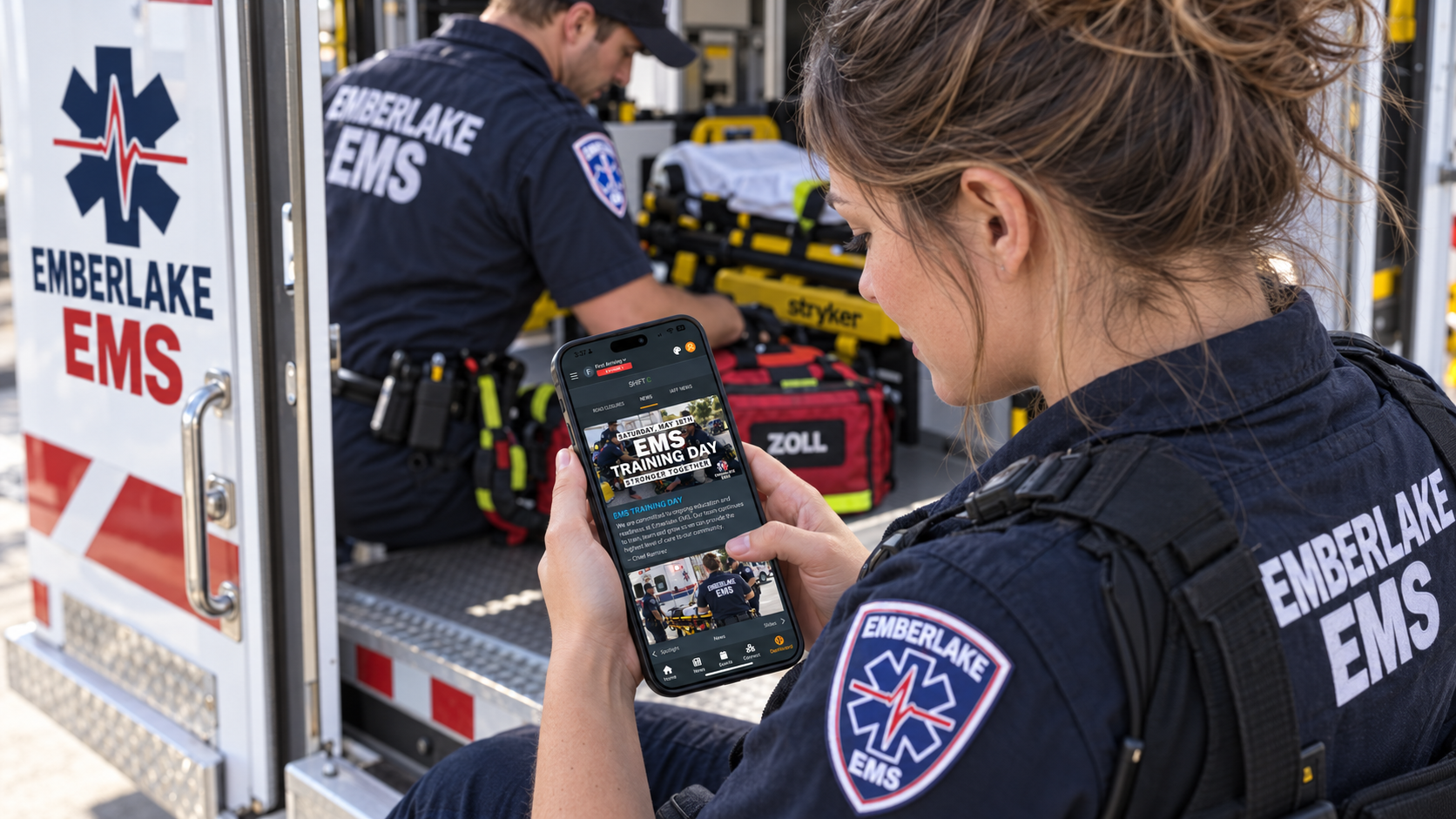 EMT holding smartphone displaying EMS training content, with colleague and ambulance interior visible in background