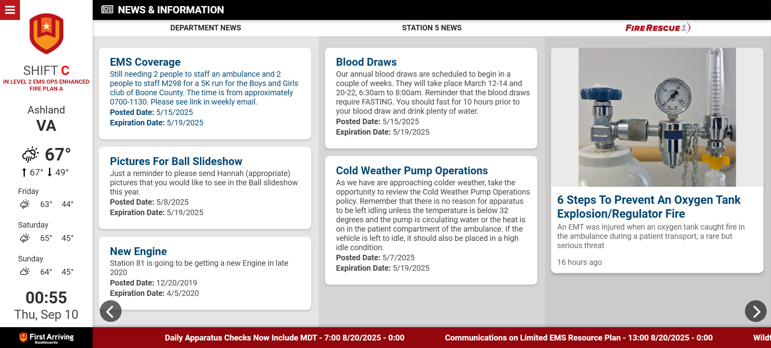 Fire station dashboard with department news, social posts, and national and local news feeds
