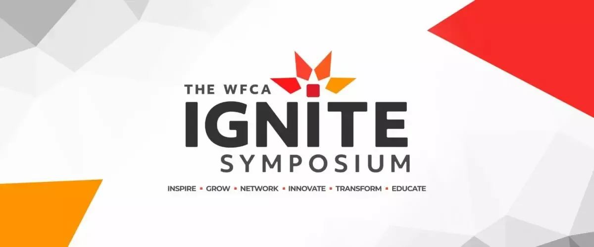 The WFCA Ignite Symposium banner with red and orange geometric shapes and tagline "Inspire, Grow, Network, Innovate