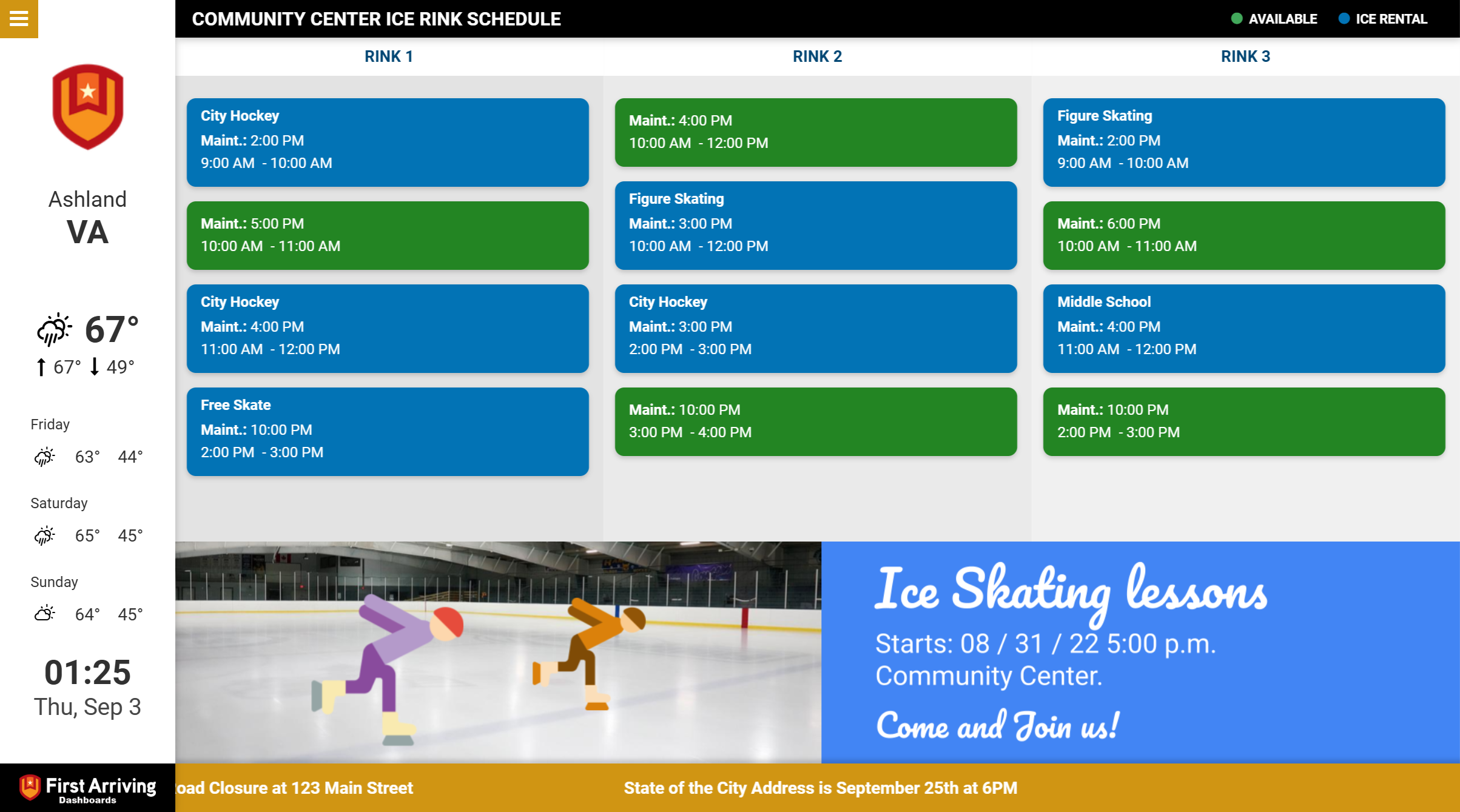 Community Center ice rink schedule for Ashland, VA with three rinks showing hockey, figure skating, and free skate times
