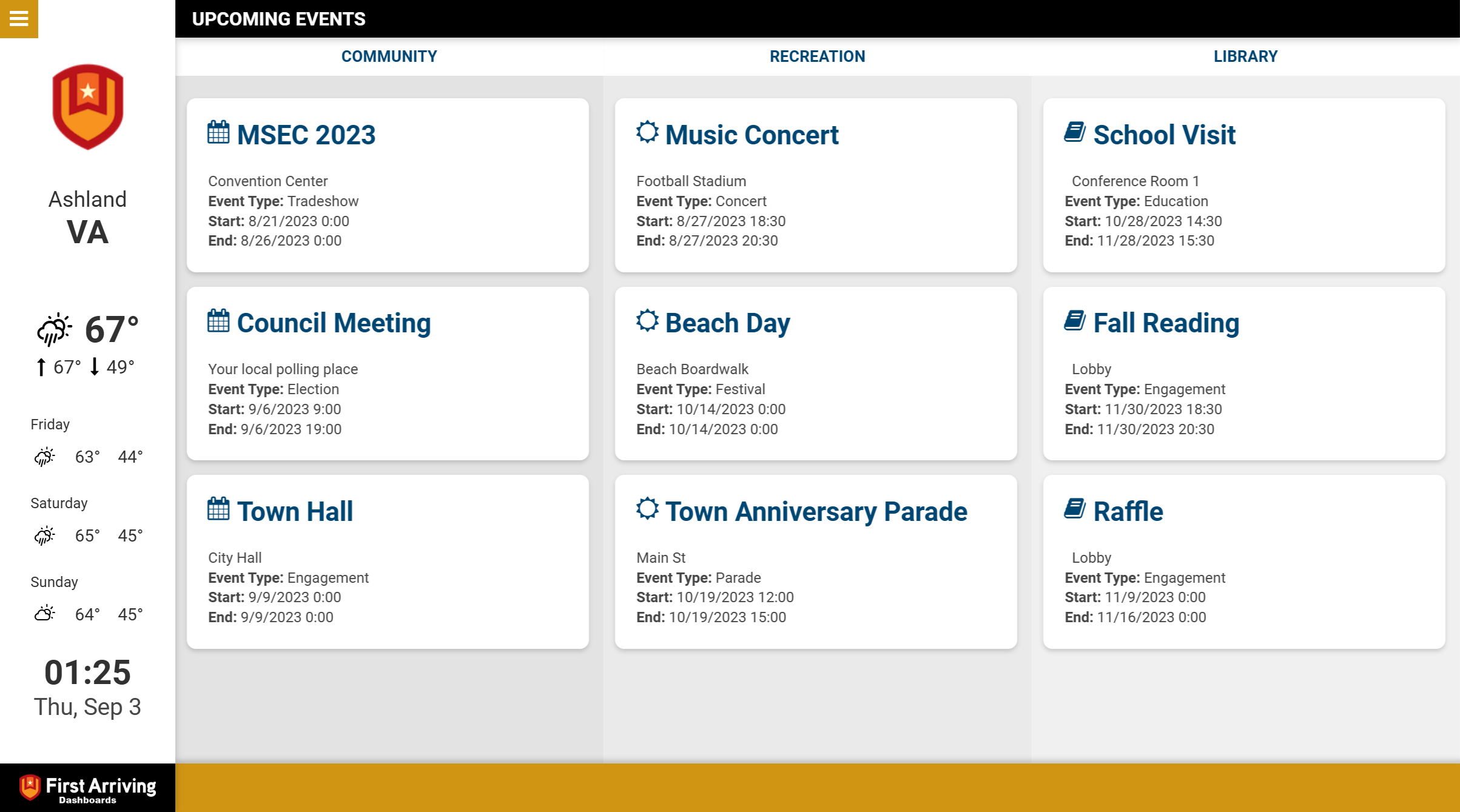 Upcoming events calendar for Ashland, VA showing community, recreation, and library events organized in three columns with