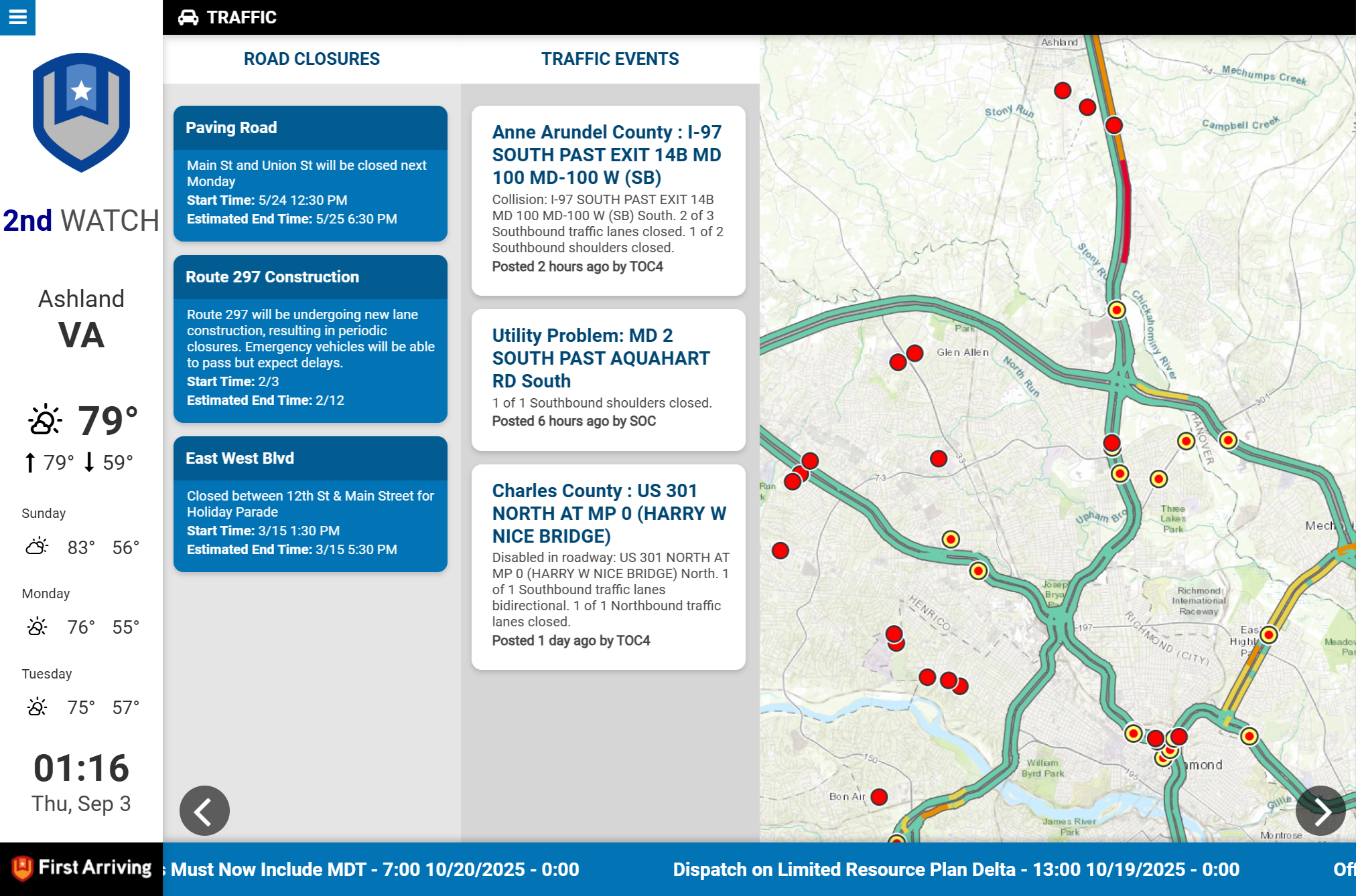 Traffic map of Ashland, VA area showing road closures and traffic events with incident markers