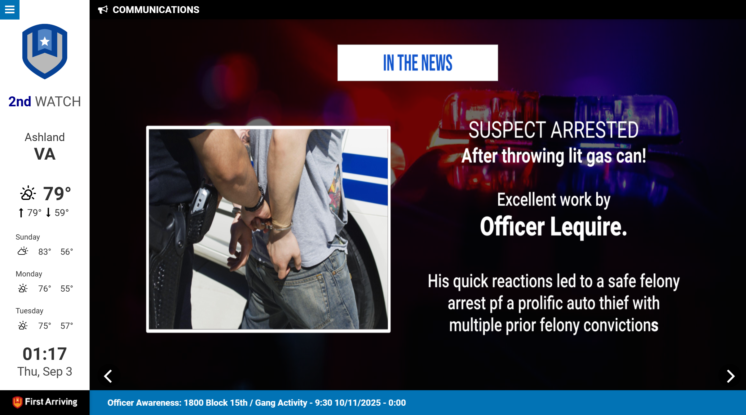 Police officer restraining suspect during arrest, with "Suspect Arrested" headline and text about officer Lequire's quick