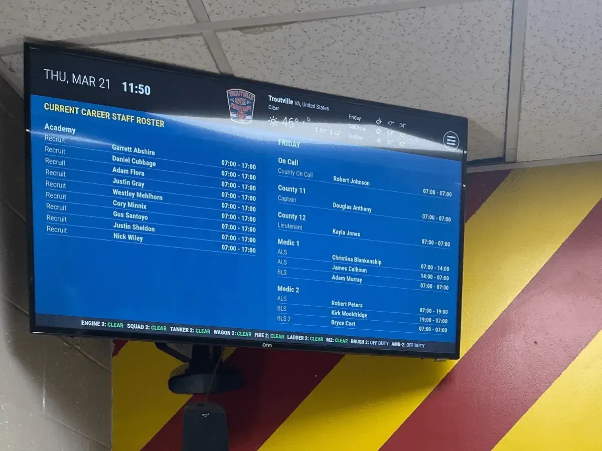 Dispatch station monitor displaying current career staff roster and Friday shift assignments for fire department personnel