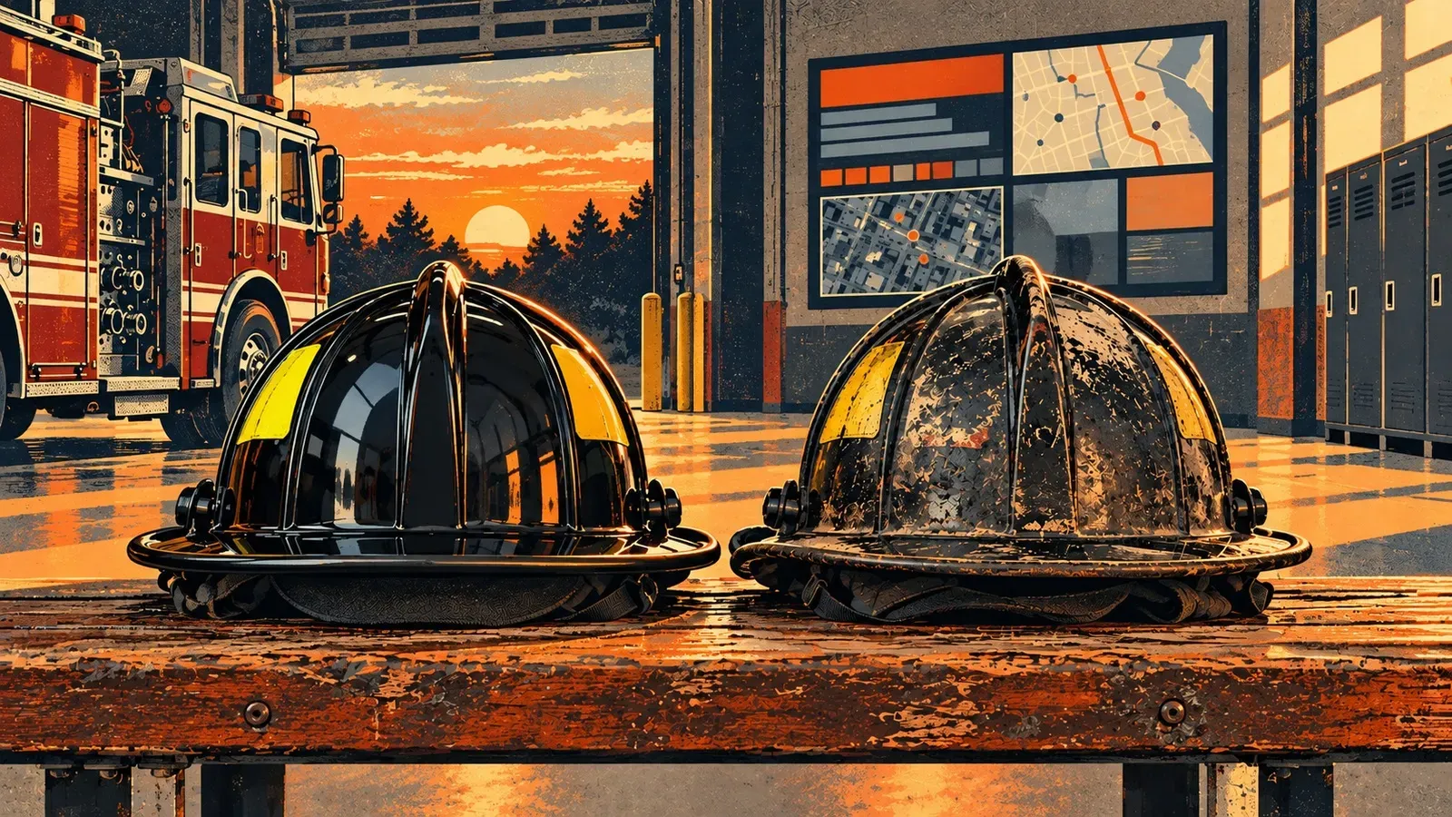 A clean firefighter helmet and a well-worn helmet sit side by side on a station bench.
