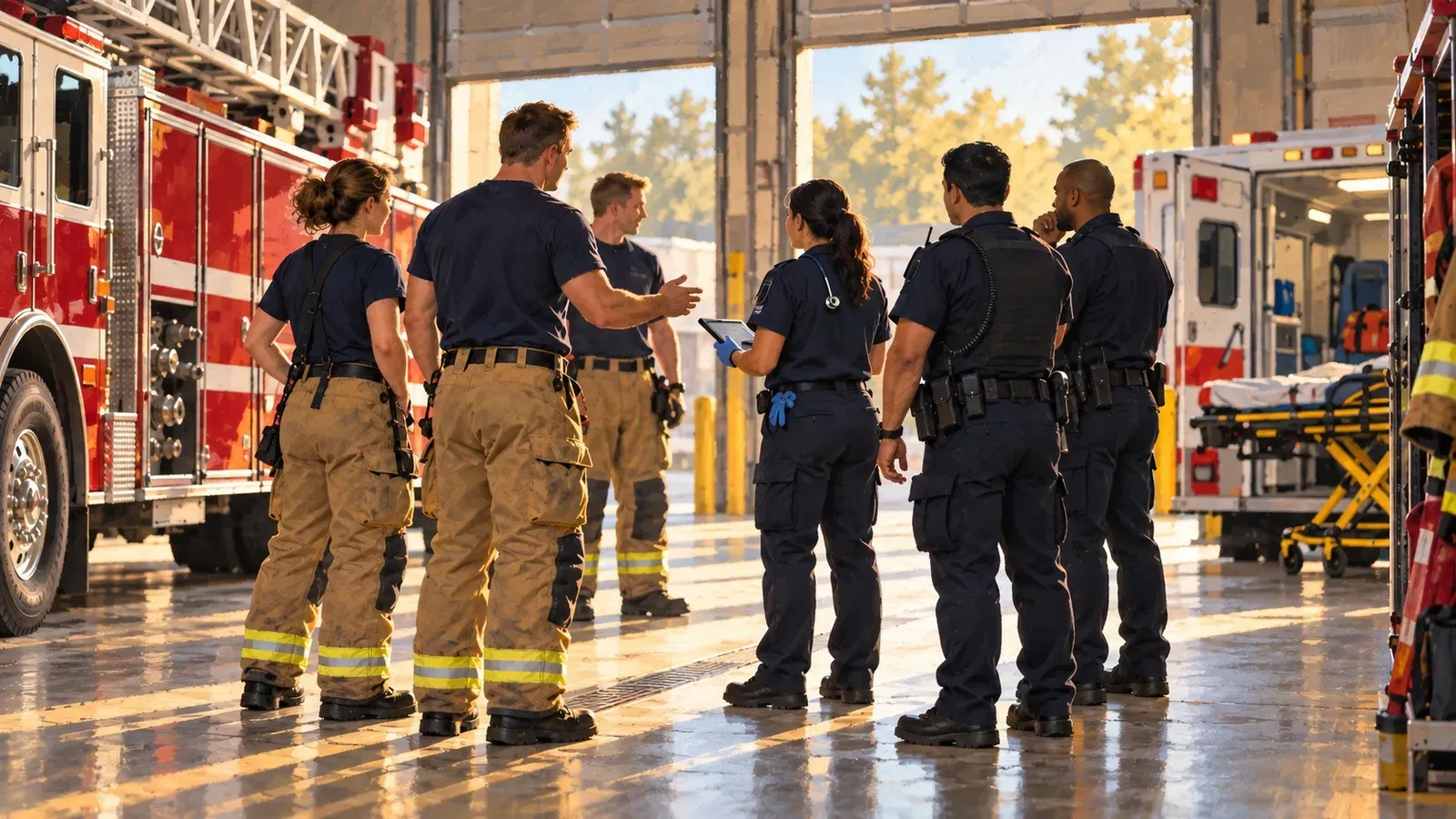 Two groups of responders in different work gear greet each other in a station apparatus bay.