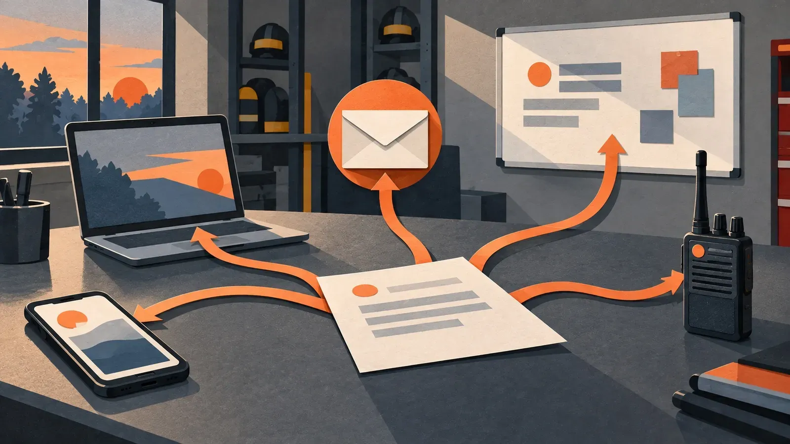 A blank paper notice is linked by glowing paths to a phone, laptop, whiteboard and radio on a station desk.