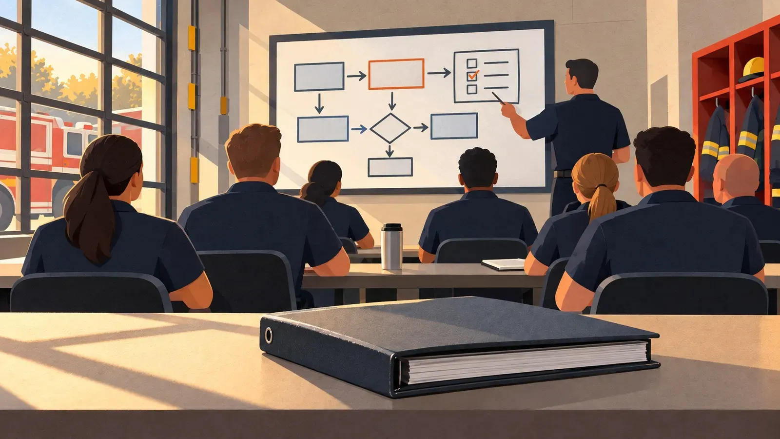 A crew attends policy training as an instructor stands beside a simple flowchart; a binder sits on the table.