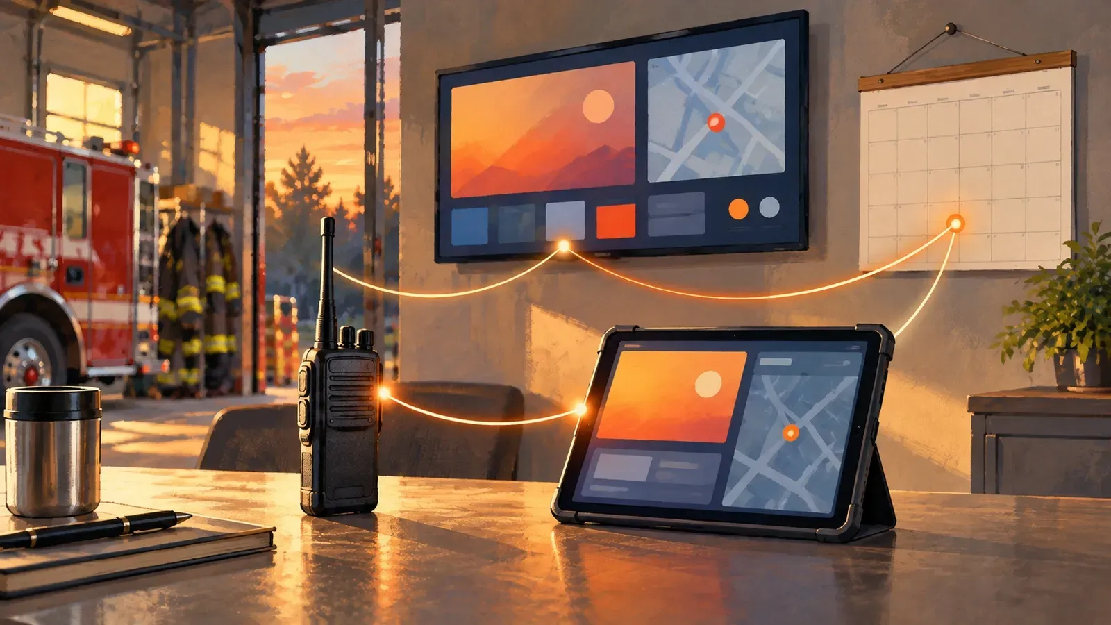 A radio, tablet, TV and blank calendar in a station are linked by subtle light paths.