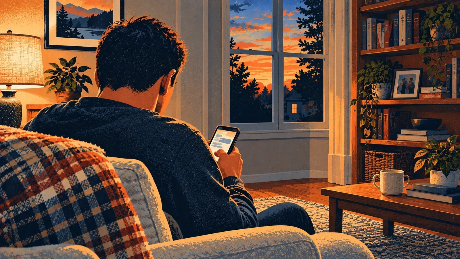 A volunteer responder in plain casual clothing checks a phone in a home living room at evening.
