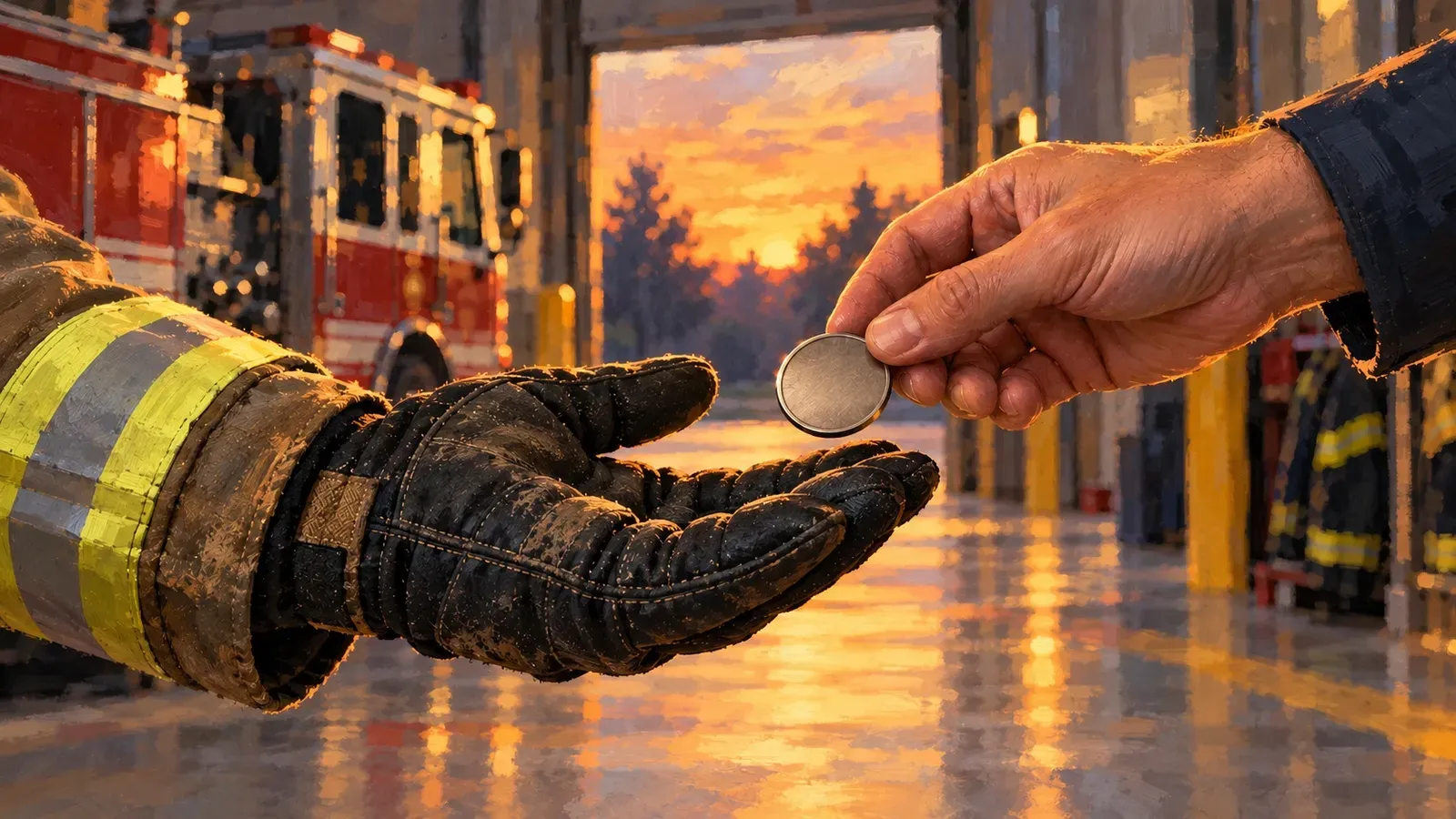 A firefighter's gloved hand receives a plain metal coin in warm station light.