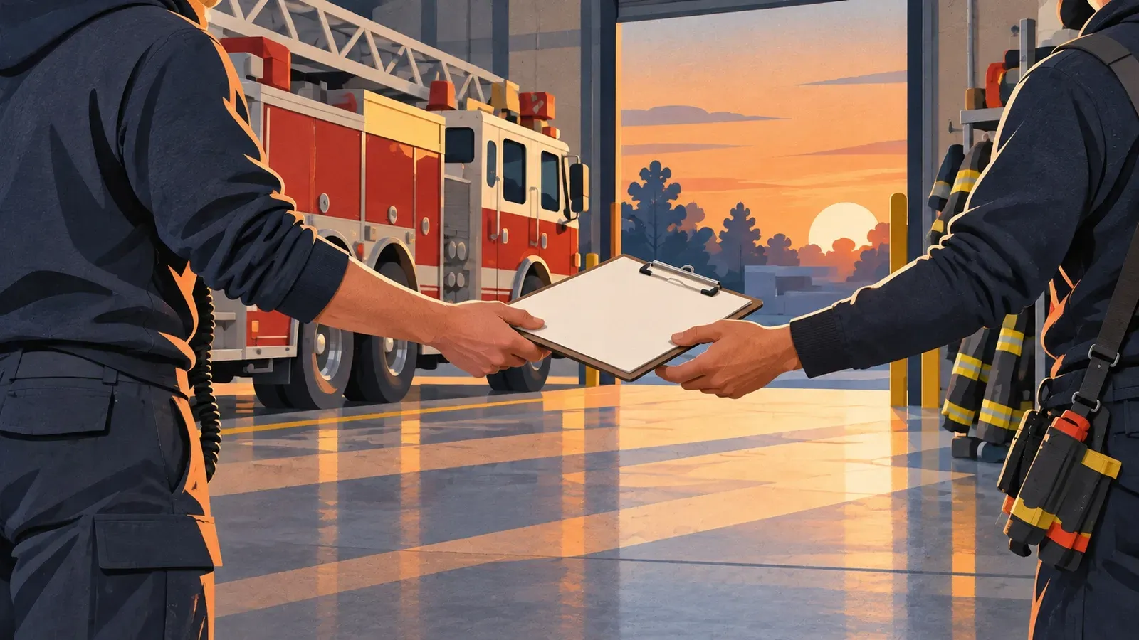 Two responders pass a blank clipboard during a dawn shift change in an apparatus bay.