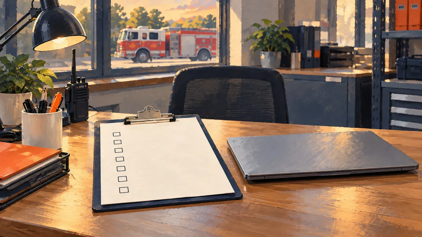 A blank checklist clipboard and closed laptop sit on an orderly station office desk.