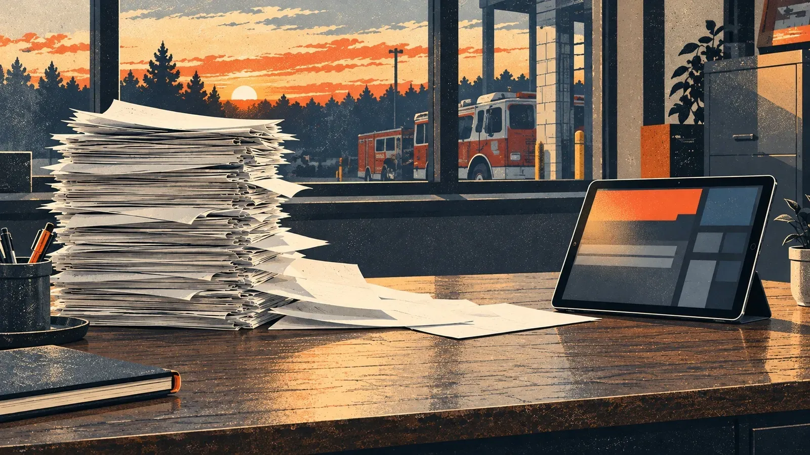 A tall stack of blank papers sits beside a tablet on a station office desk.