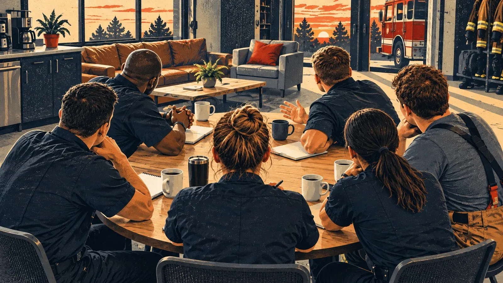 A station crew listens together around a round table, viewed from behind.