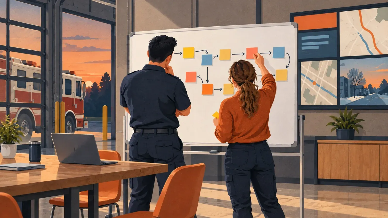 Two people study blank sticky notes and simple workflow arrows on a whiteboard in a station meeting room.