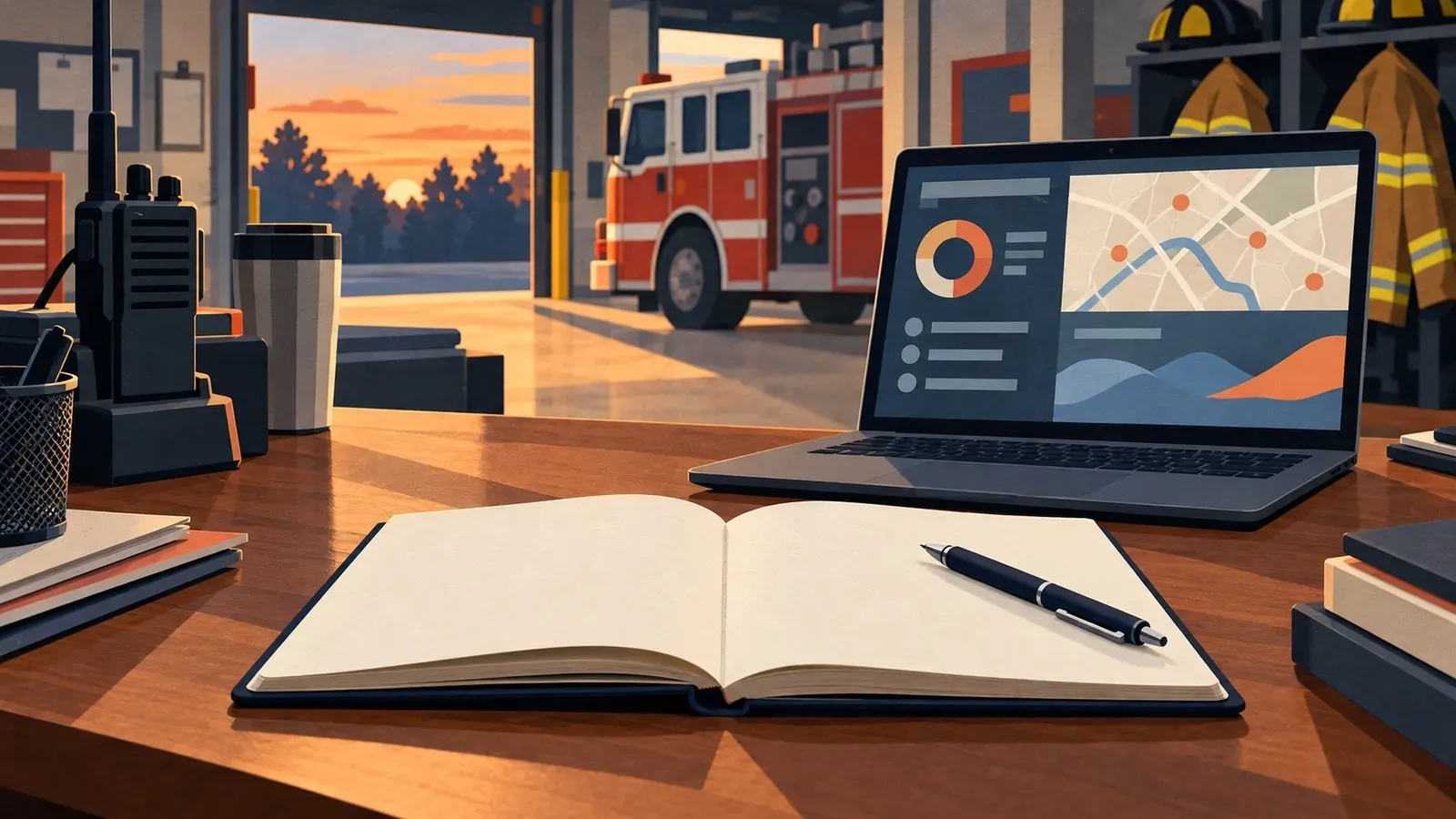 A blank notebook and pen sit beside a softly lit laptop on a desk in a firehouse setting.