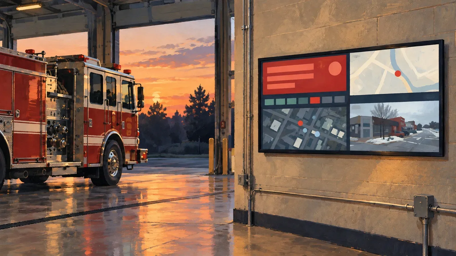 A wall-mounted TV displays an emergency dashboard in a quiet fire station apparatus bay at dusk beside a fire engine.