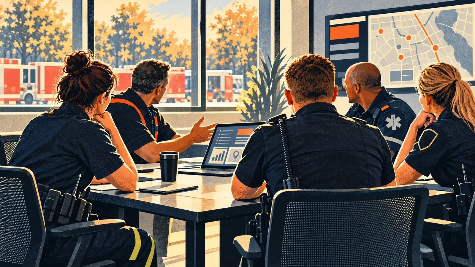 Responders gather around a laptop at a meeting table, viewed mostly from behind.