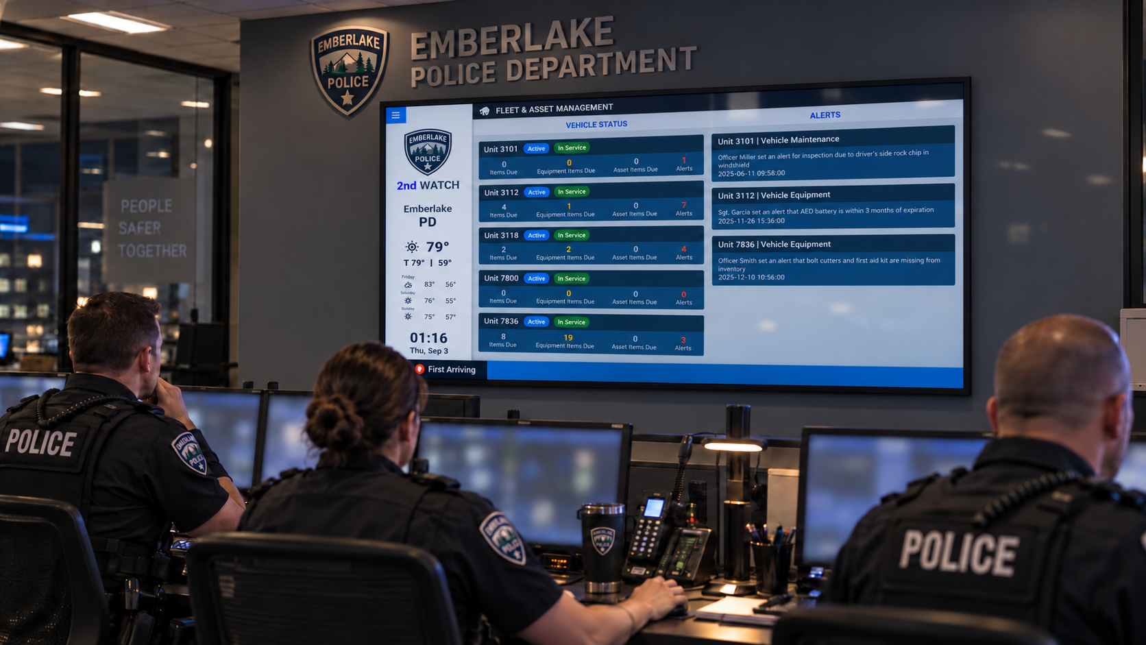 Three Emberlake police officers viewing fleet and asset management display screen at operations center