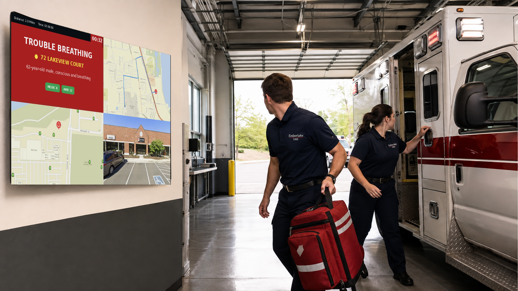 Two EMS personnel with medical equipment bag walking toward ambulance in bay, with dispatch screen showing trouble breathing