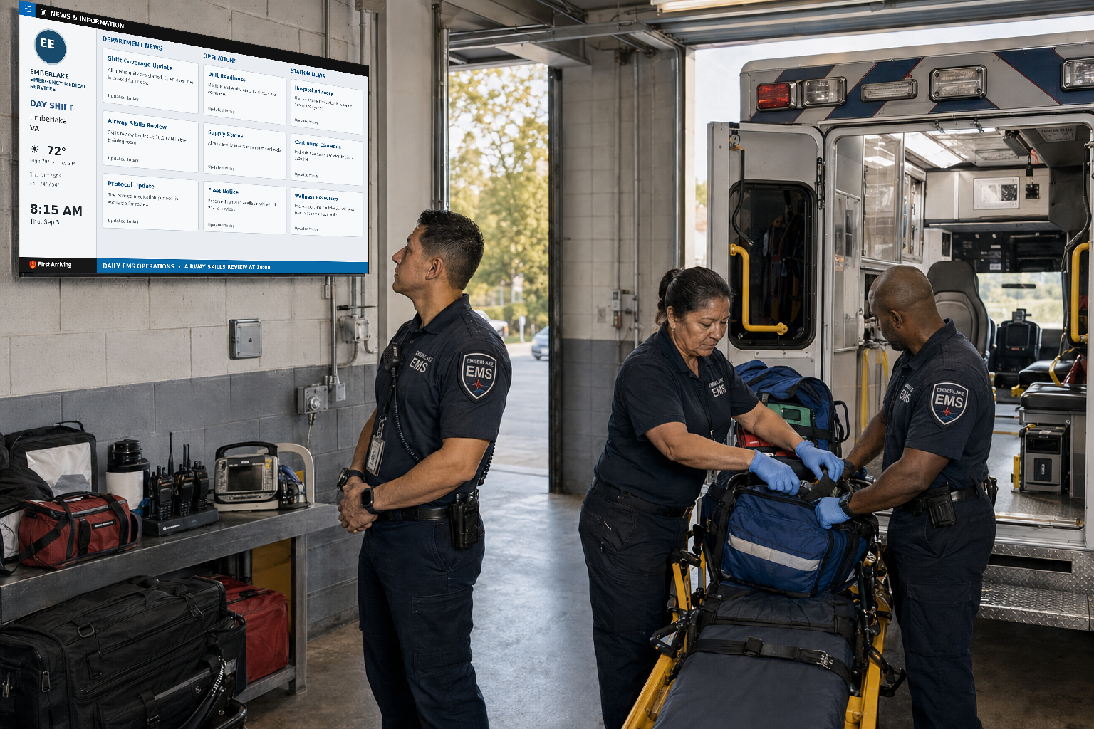 Three EMS personnel in dark uniforms prepare medical equipment next to an ambulance in a station bay, with a wall dashboard