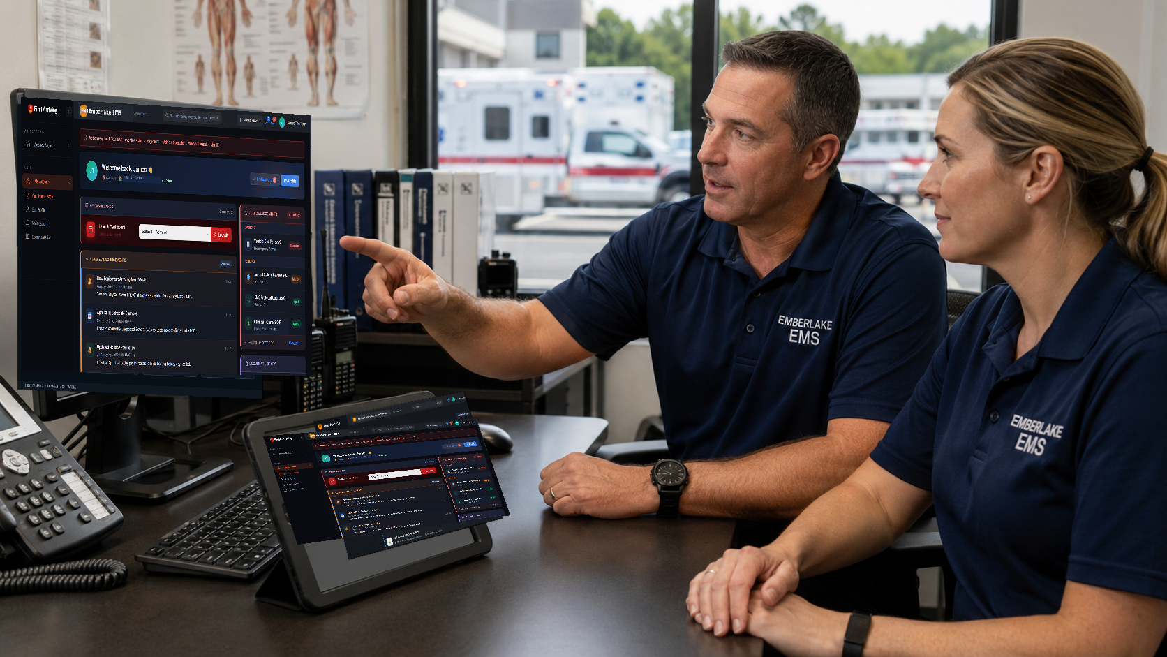Two EMS personnel in blue uniforms review dispatch software on desktop and tablet monitors in an office with ambulances