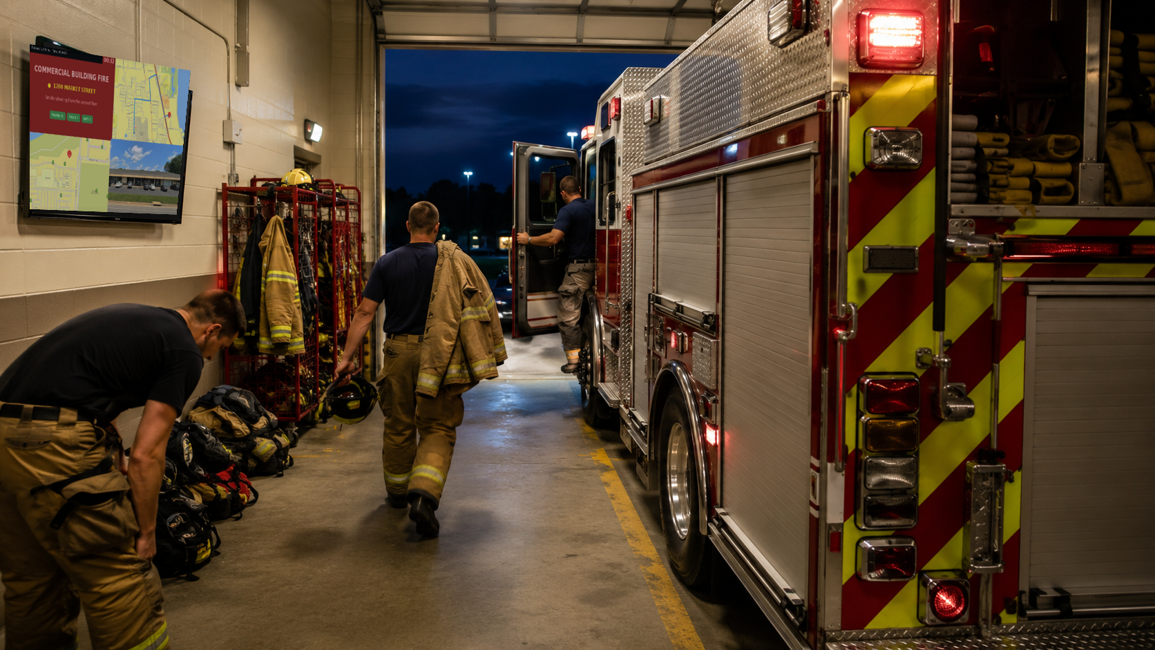 Firefighters in turnout gear walk through station bay with fire engines and equipment visible at night