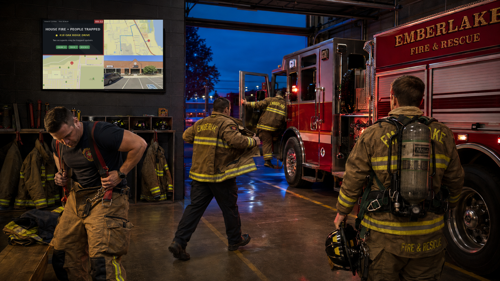Firefighters in turnout gear inside station bay with fire truck and wall-mounted display showing map and building