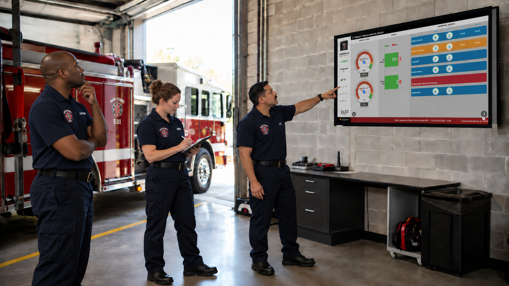 Three firefighters in dark uniforms review a wall-mounted display screen showing operational data in a fire station bay with