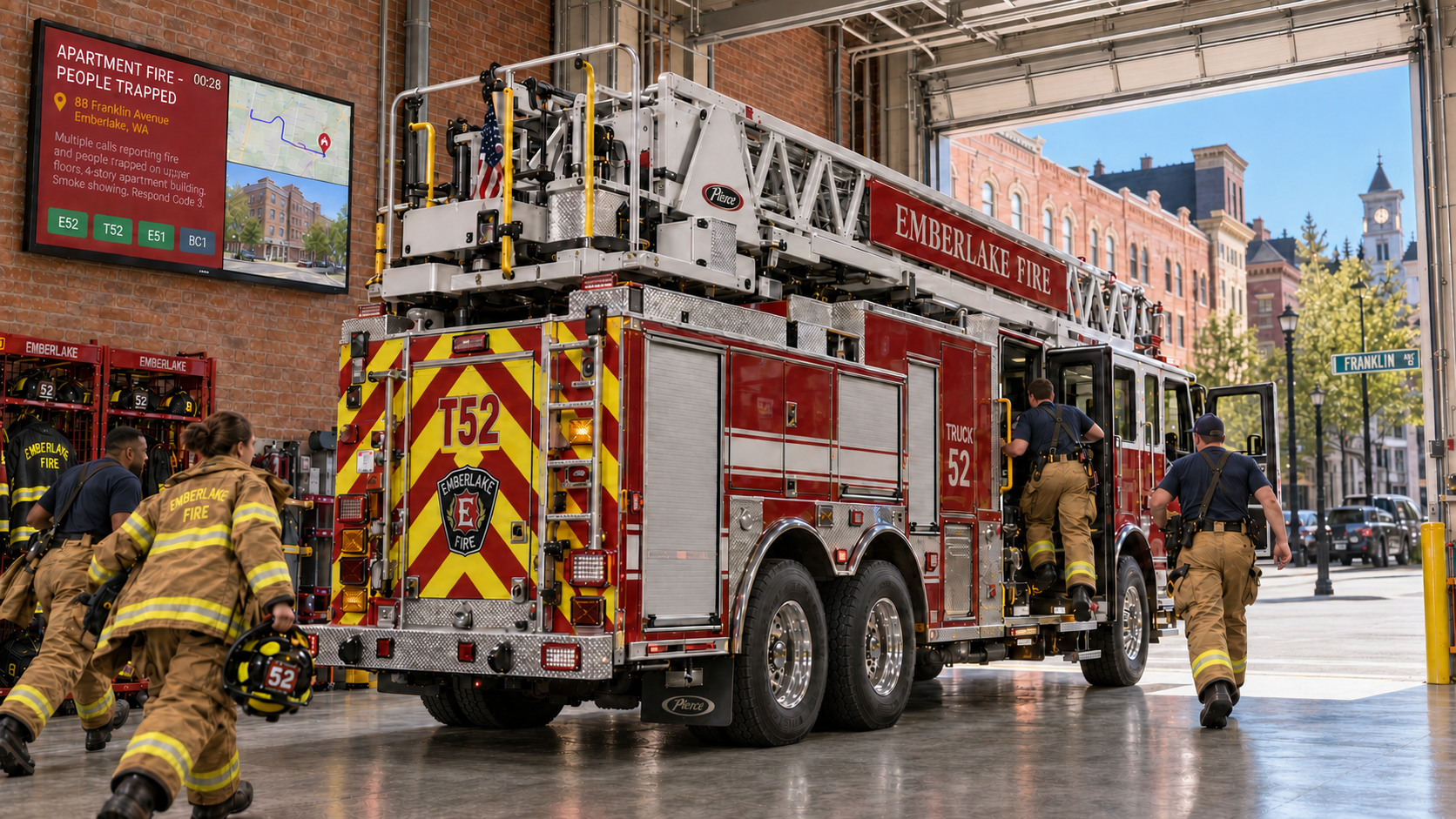 Emberlake Fire Department ladder truck with firefighters in turnout gear outside brick fire station with city buildings in