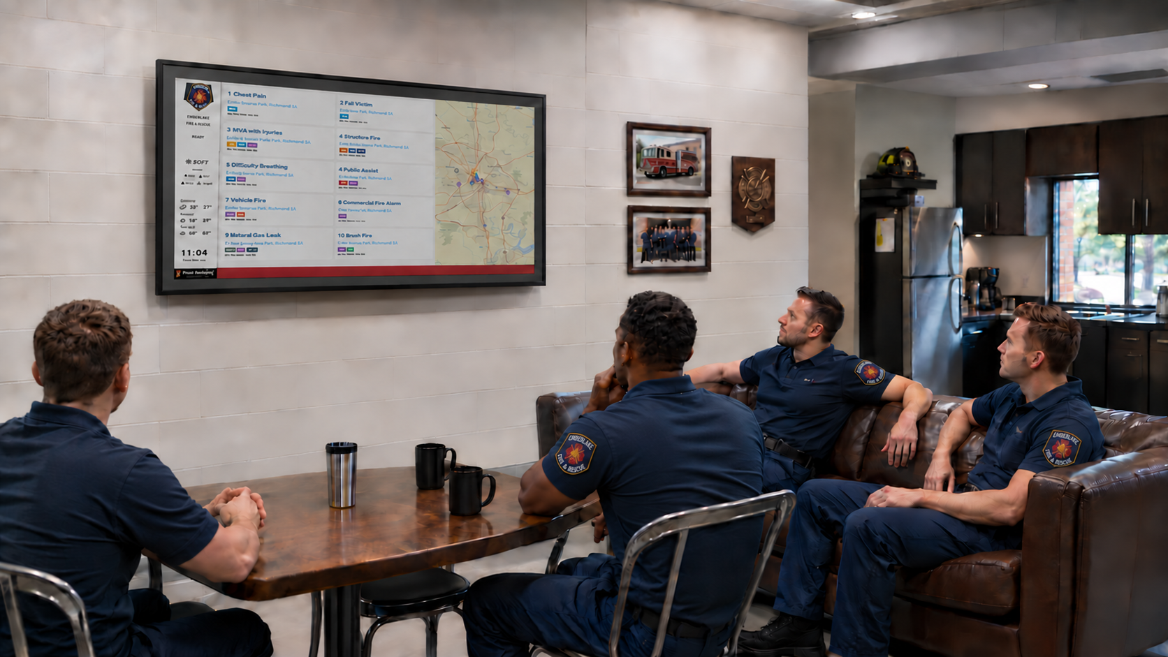 Fire station dayroom with four firefighters in navy uniforms viewing a wall-mounted display screen showing incident data and