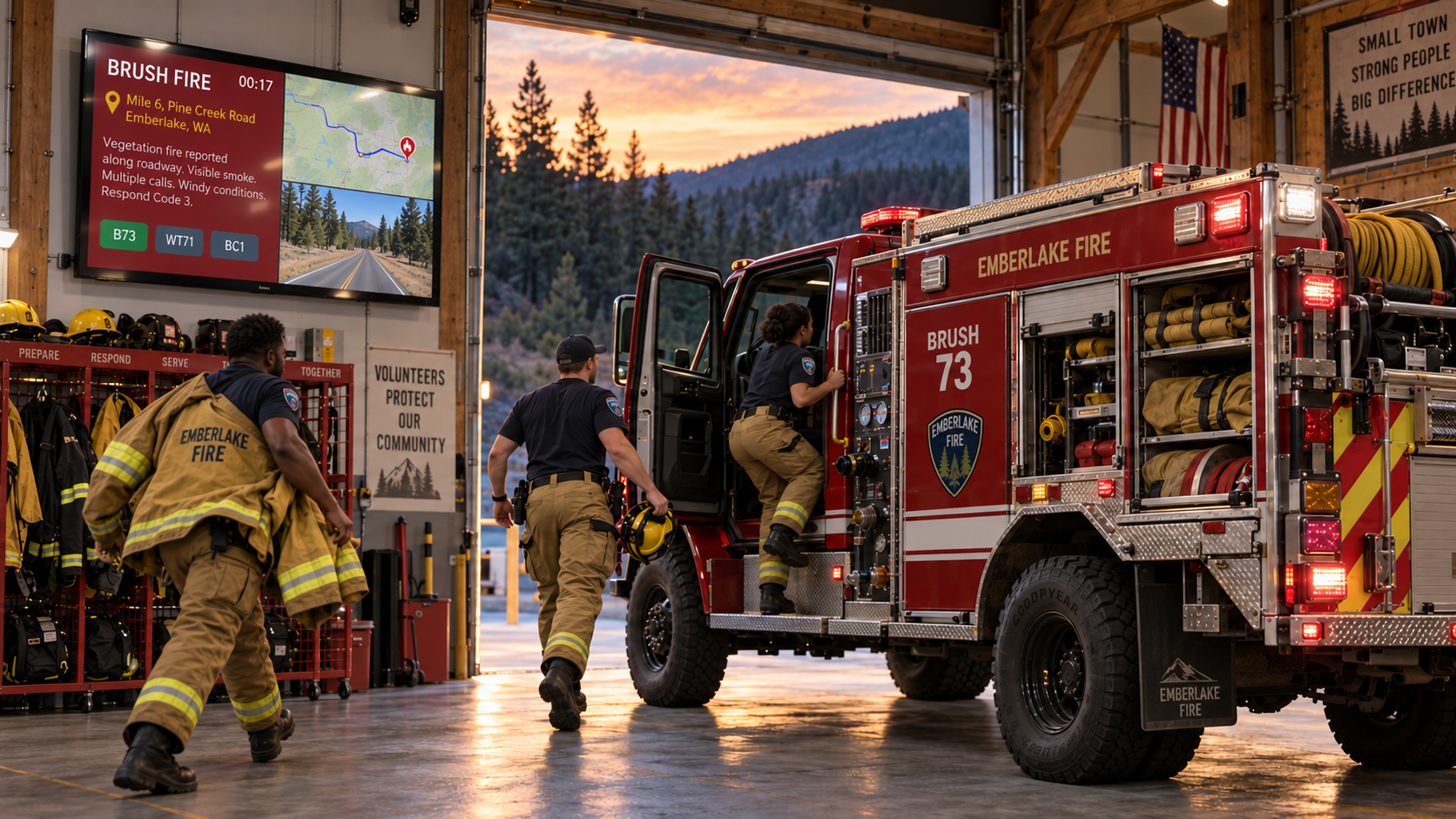 A First Arriving operational dashboard on a large display in a fire station apparatus bay alerting a brush fire.