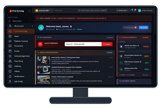 First Arriving dashboard homepage showing welcome message, news announcements about cardiac monitor training and medical