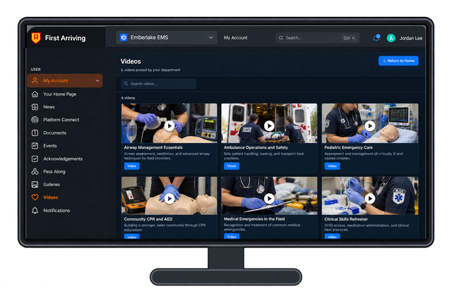 First Arriving EMS platform homepage displaying video training library with six video thumbnails including airway
