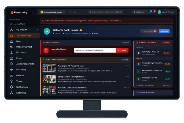 First Arriving dashboard homepage showing welcome message, news announcements, and sidebar navigation menu on dark interface