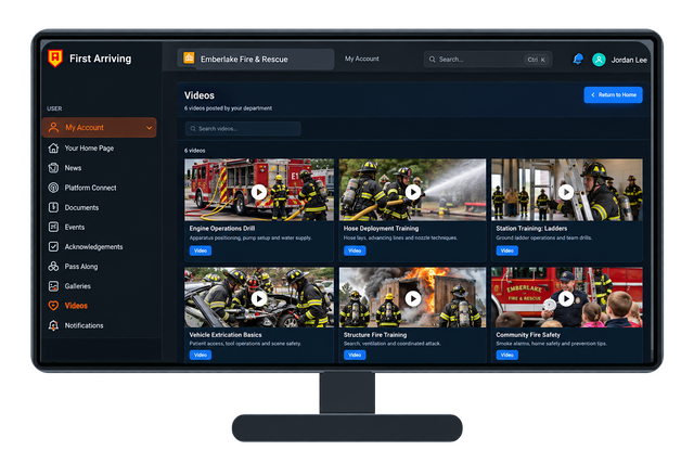 First Arriving website showing Videos section with six training video thumbnails for fire and rescue departments