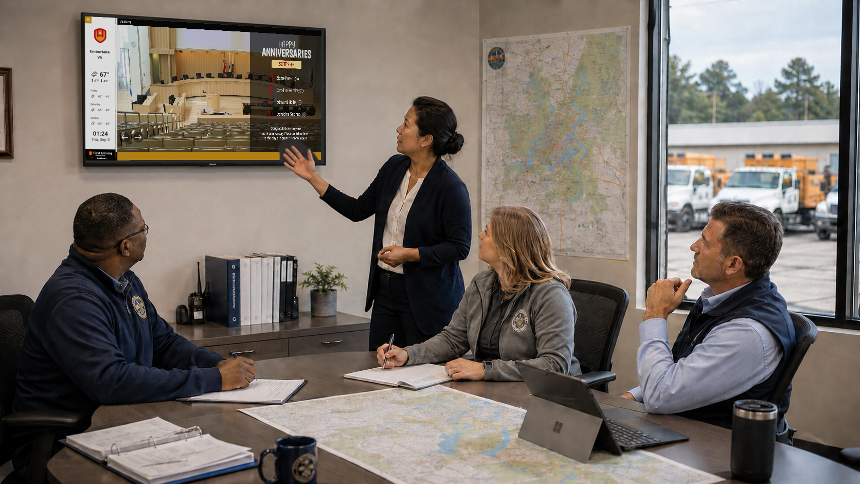 Woman presenting to three seated people at conference table with map and monitor displaying government building anniversary