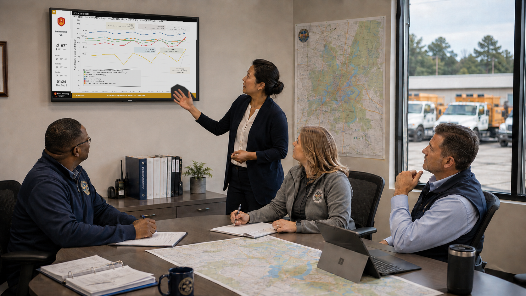 Woman pointing to economics chart on monitor while three seated colleagues listen in office with maps and emergency vehicles