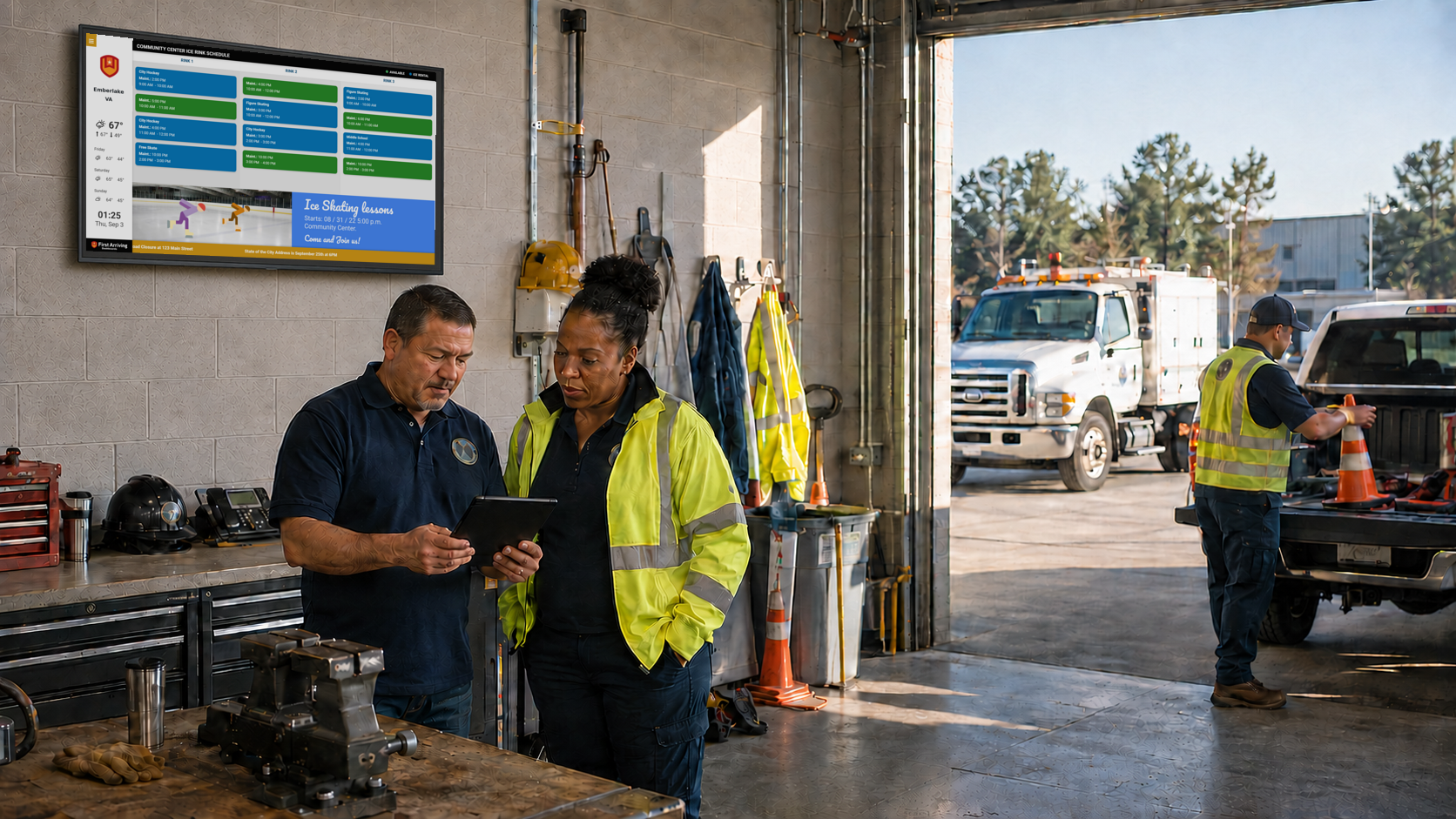Two public works employees in a garage bay review paperwork while emergency vehicles and equipment are visible in the
