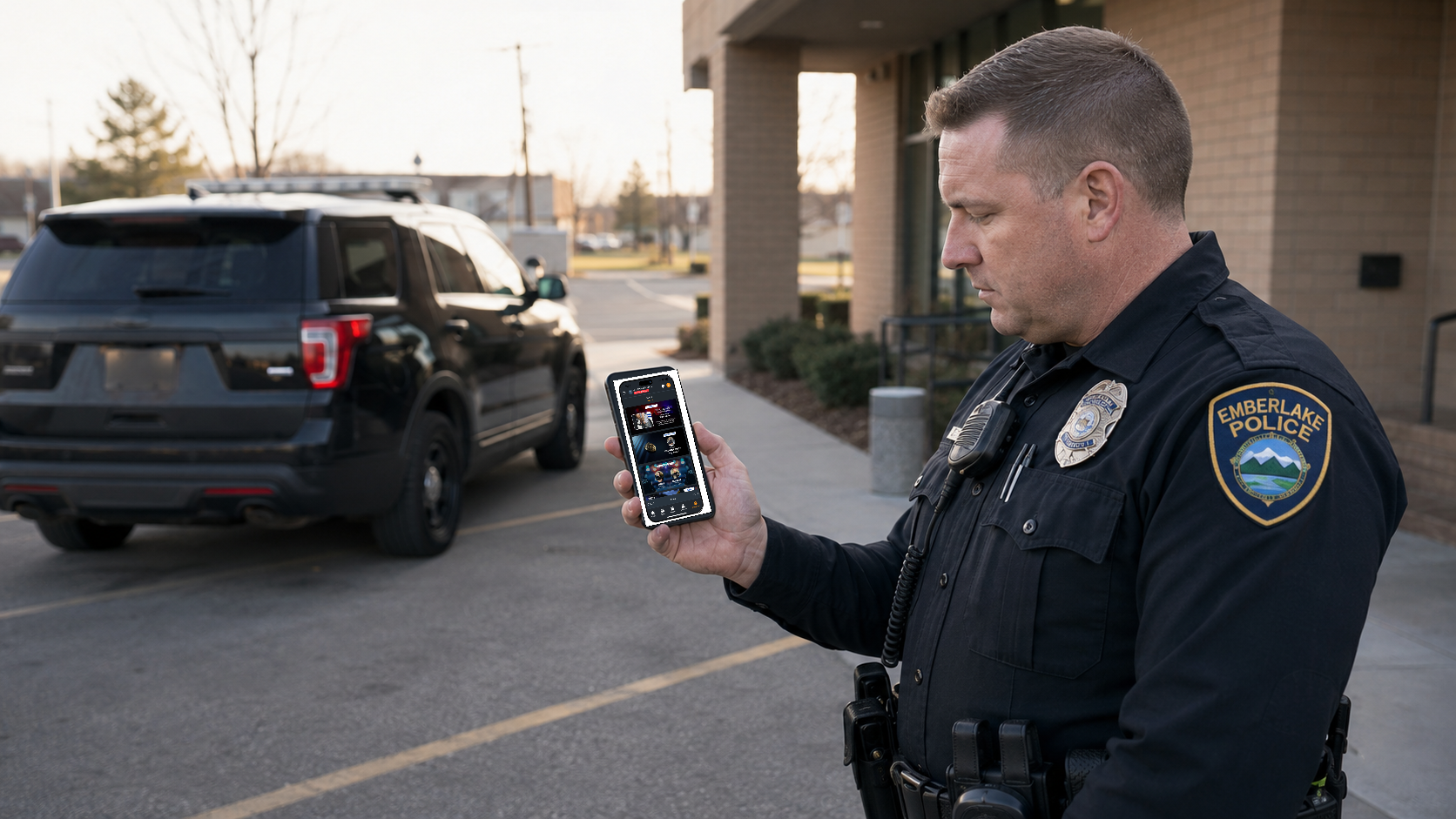 Police officer in uniform holding mobile device in parking lot near police SUV
