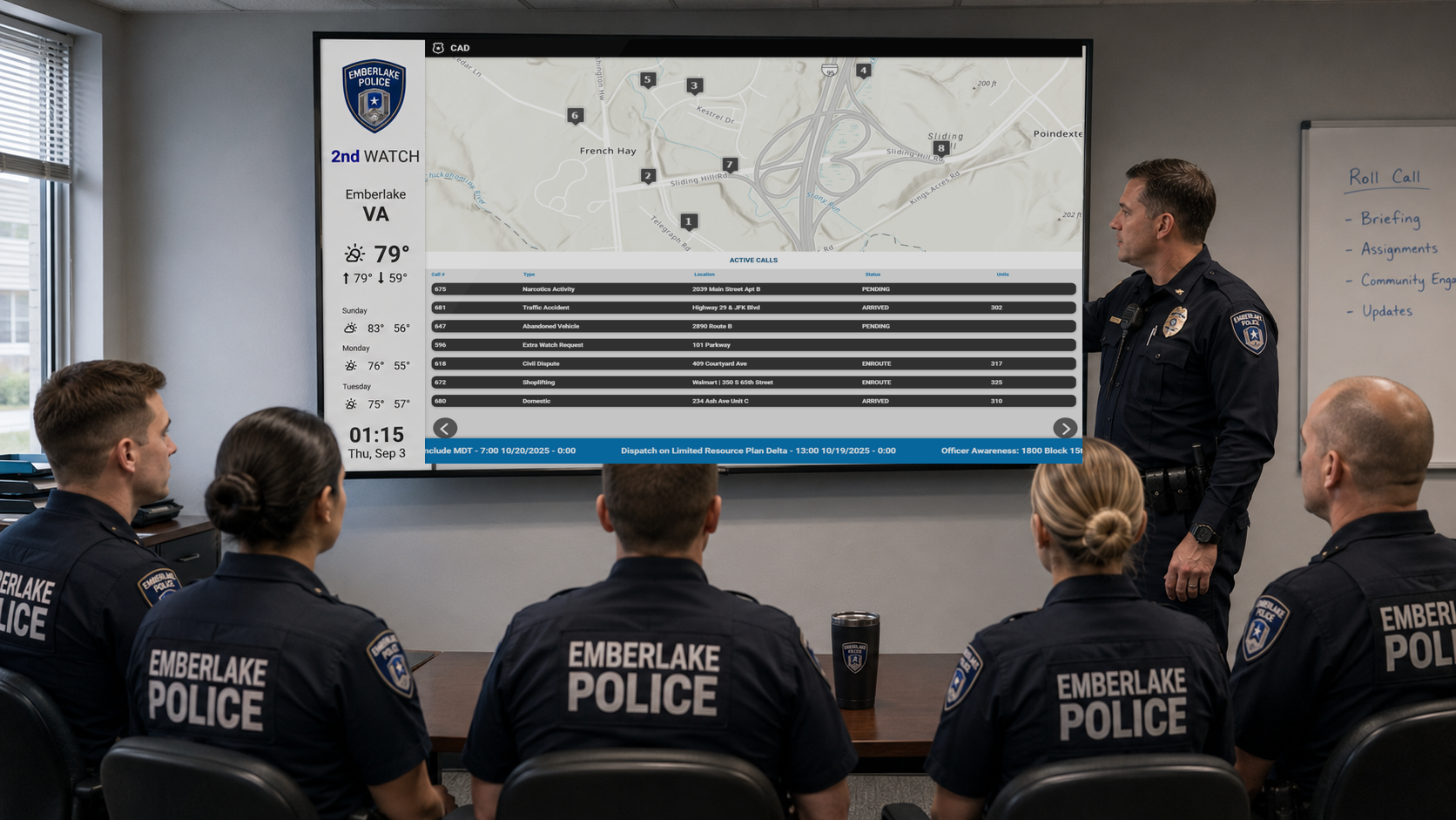 Police officers viewing dispatch map and call log on large screen during briefing