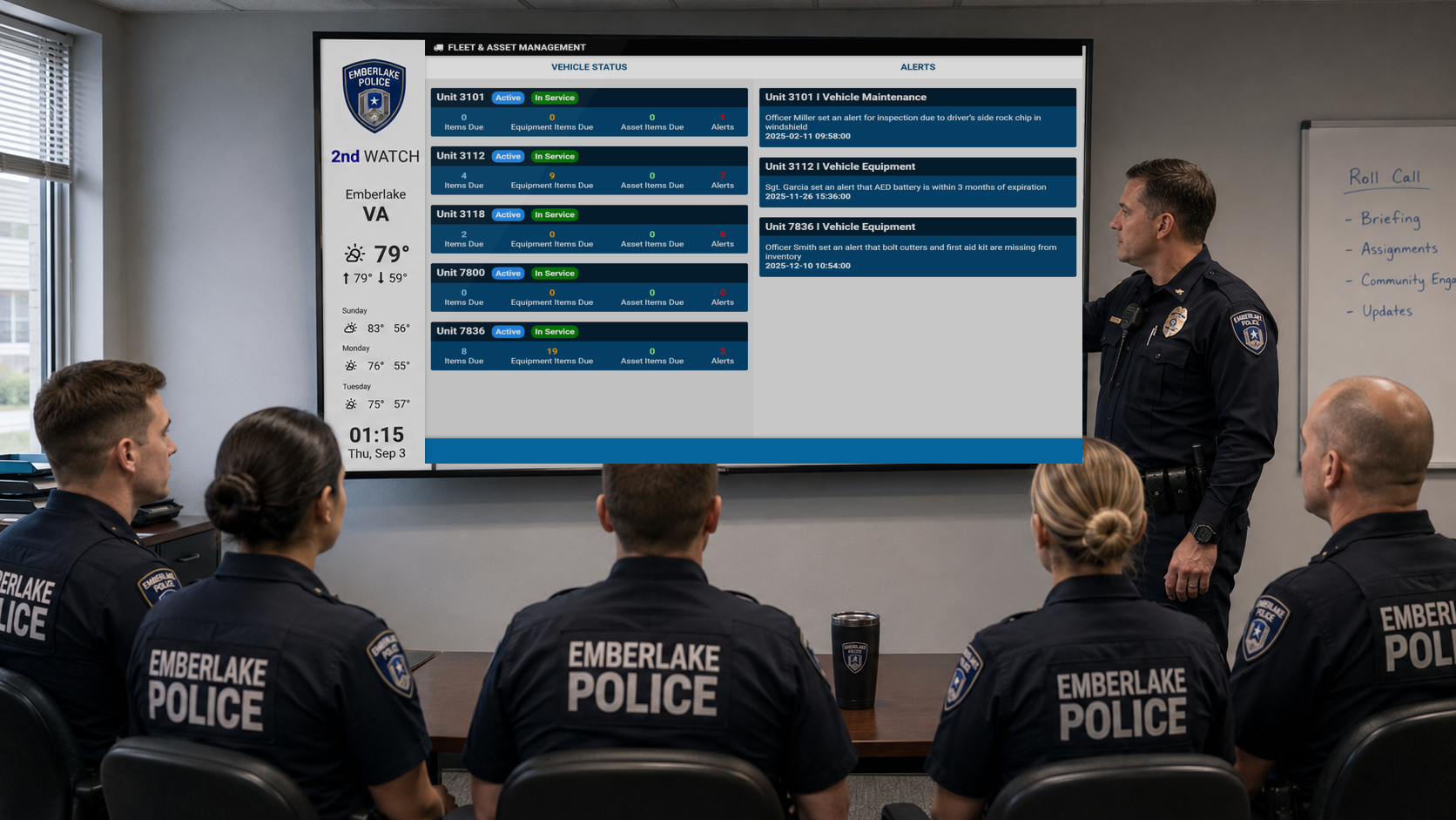 Emberlake Police officers viewing fleet and asset management dashboard on large screen during briefing