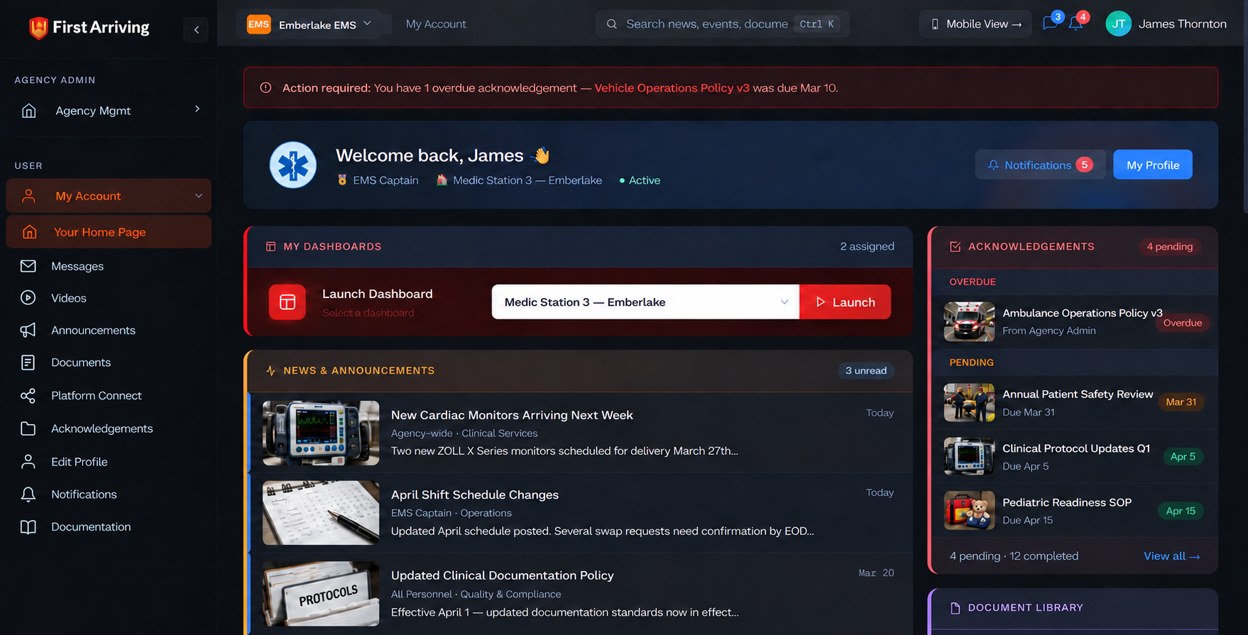 First Arriving user dashboard showing welcome message, media station launch option, and news announcements about cardiac