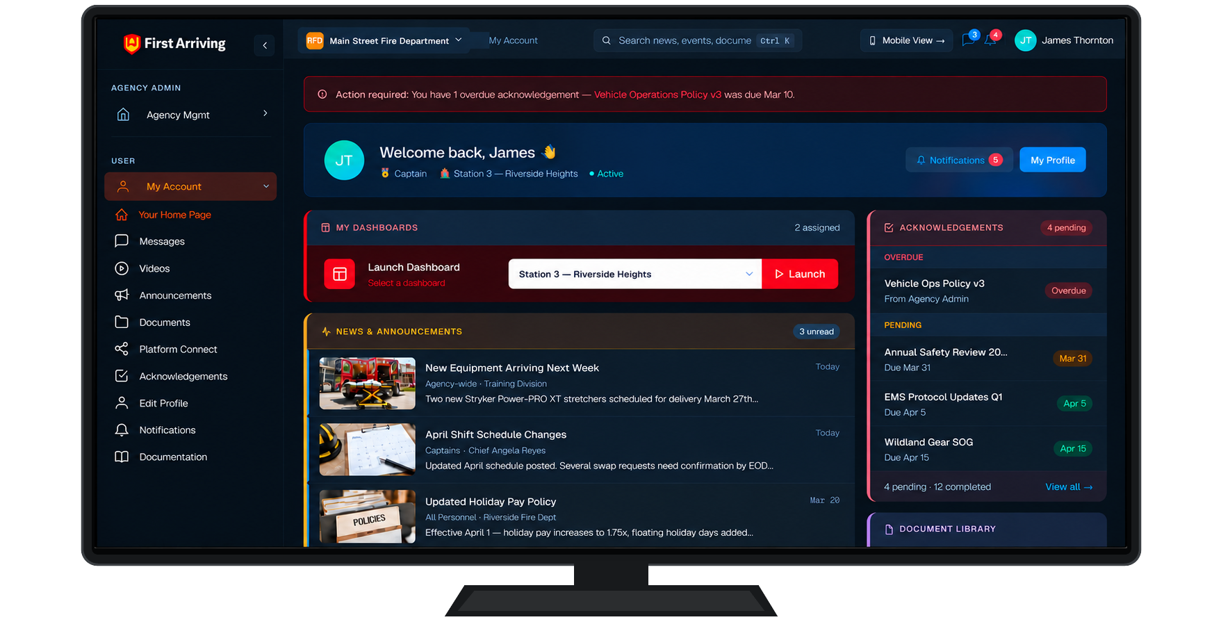 First Arriving user dashboard showing welcome message, agency dashboards, alerts, and announcements