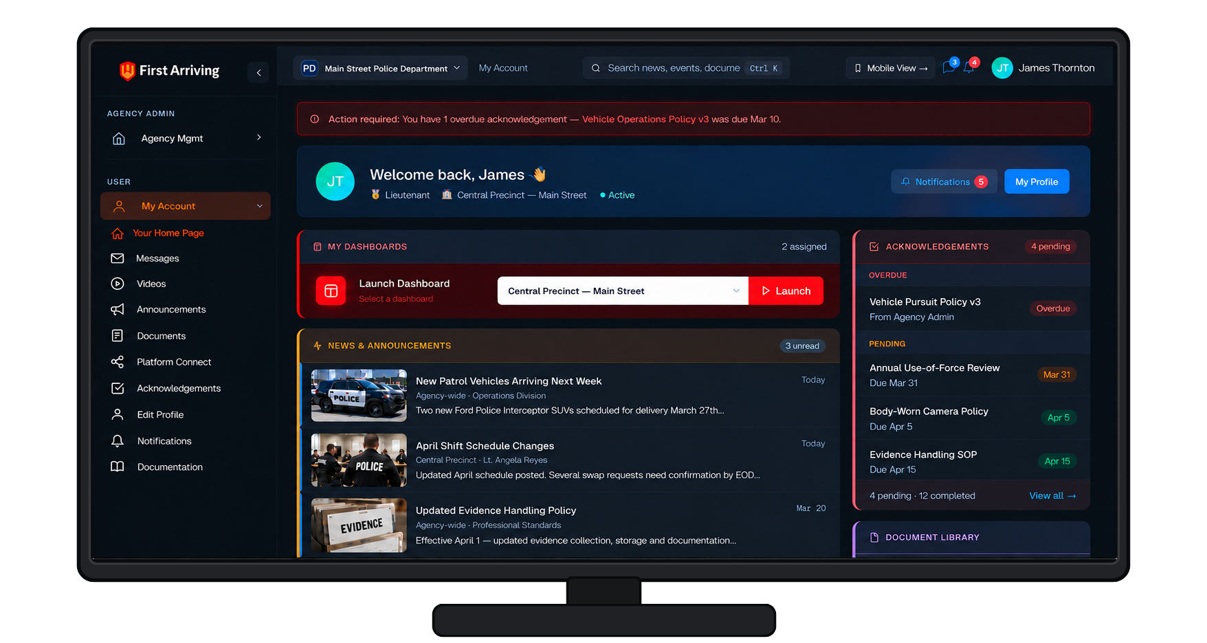 First Arriving Police Department dashboard showing user welcome message, launch dashboard, news announcements, and document