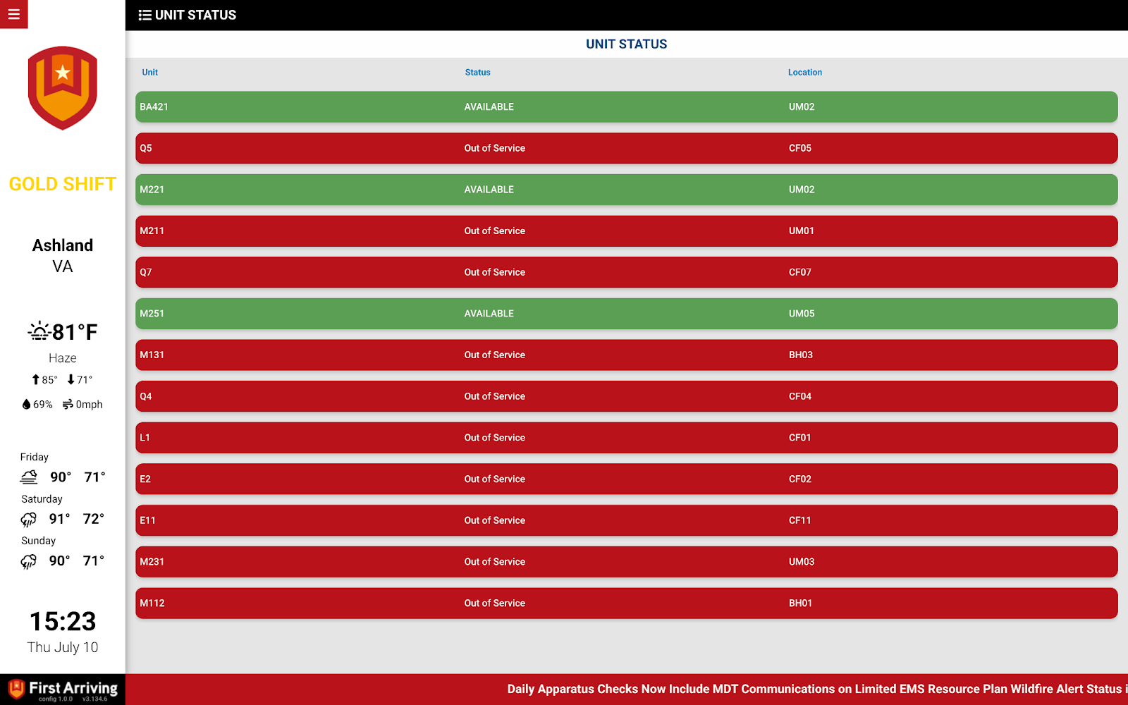Locution unit status screen on a First Arriving dashboard (2)