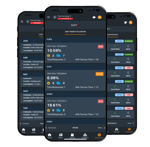 Three smartphones displaying First Arriving app interface with incident data, unit status indicators, and response metrics